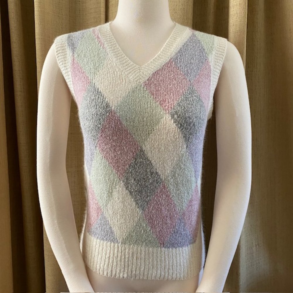 Pastel Silk Blend Argyle Vest - Vintage, Medium